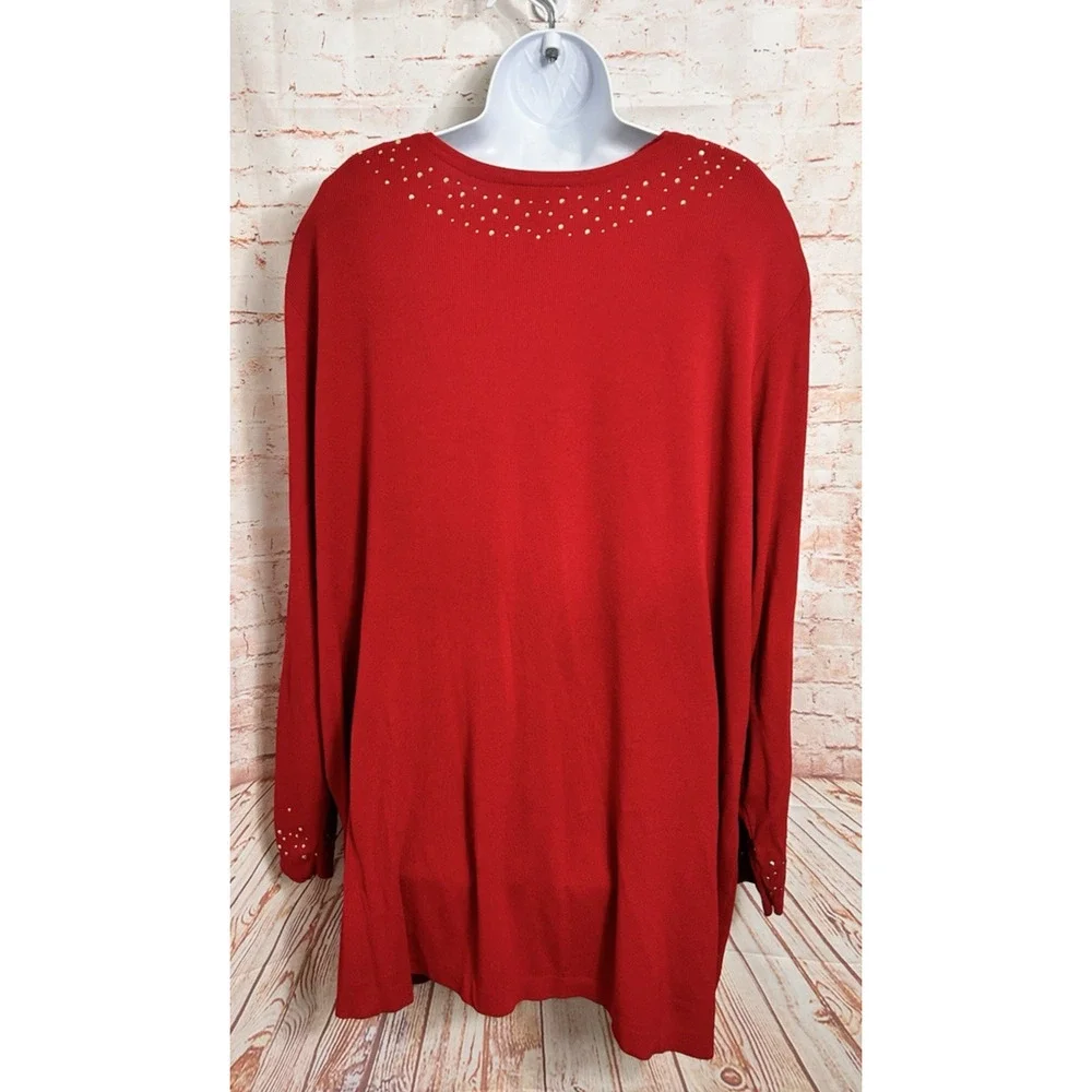 Catherines Red Cardigan Sweater Sz 3X (26W/28W) Open Front Gold Studs Ribbed Top